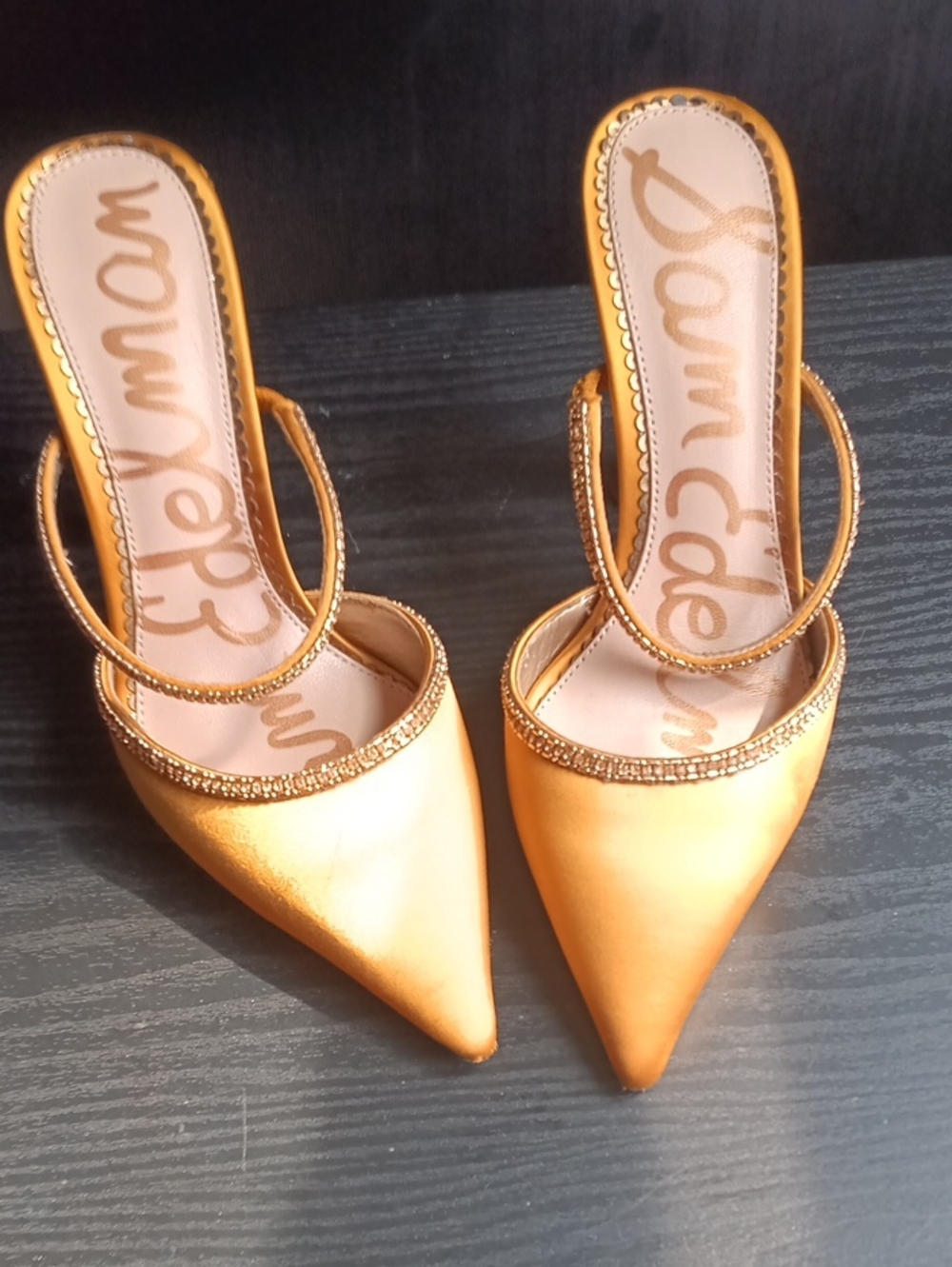 Sam Edelman Gold Satin Pointed Toe Mules Rhinestone Trim Heels Size 6